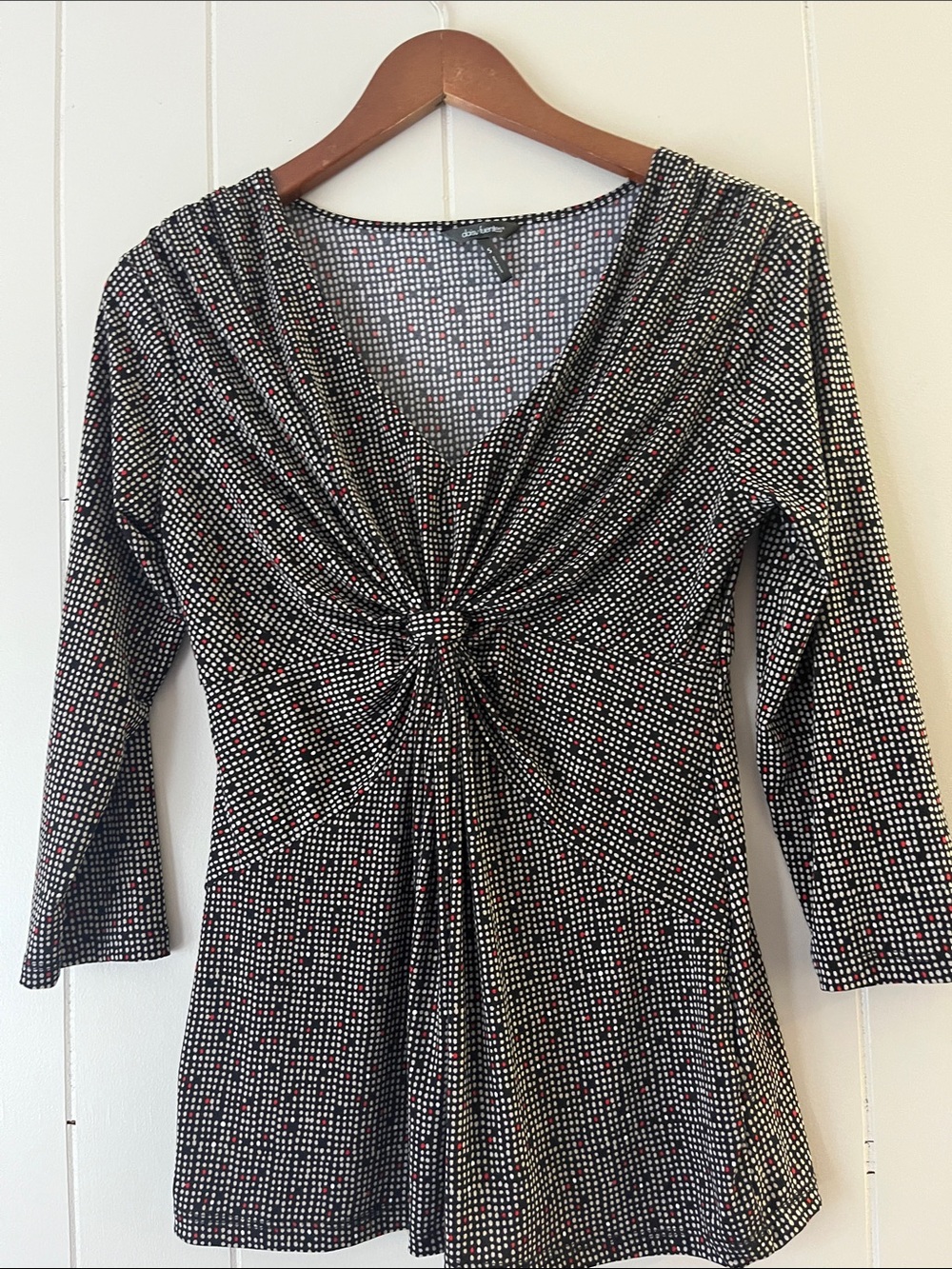 Ann Taylor Black Twist-Front Long Sleeve Dot-Print Top with Red Accents